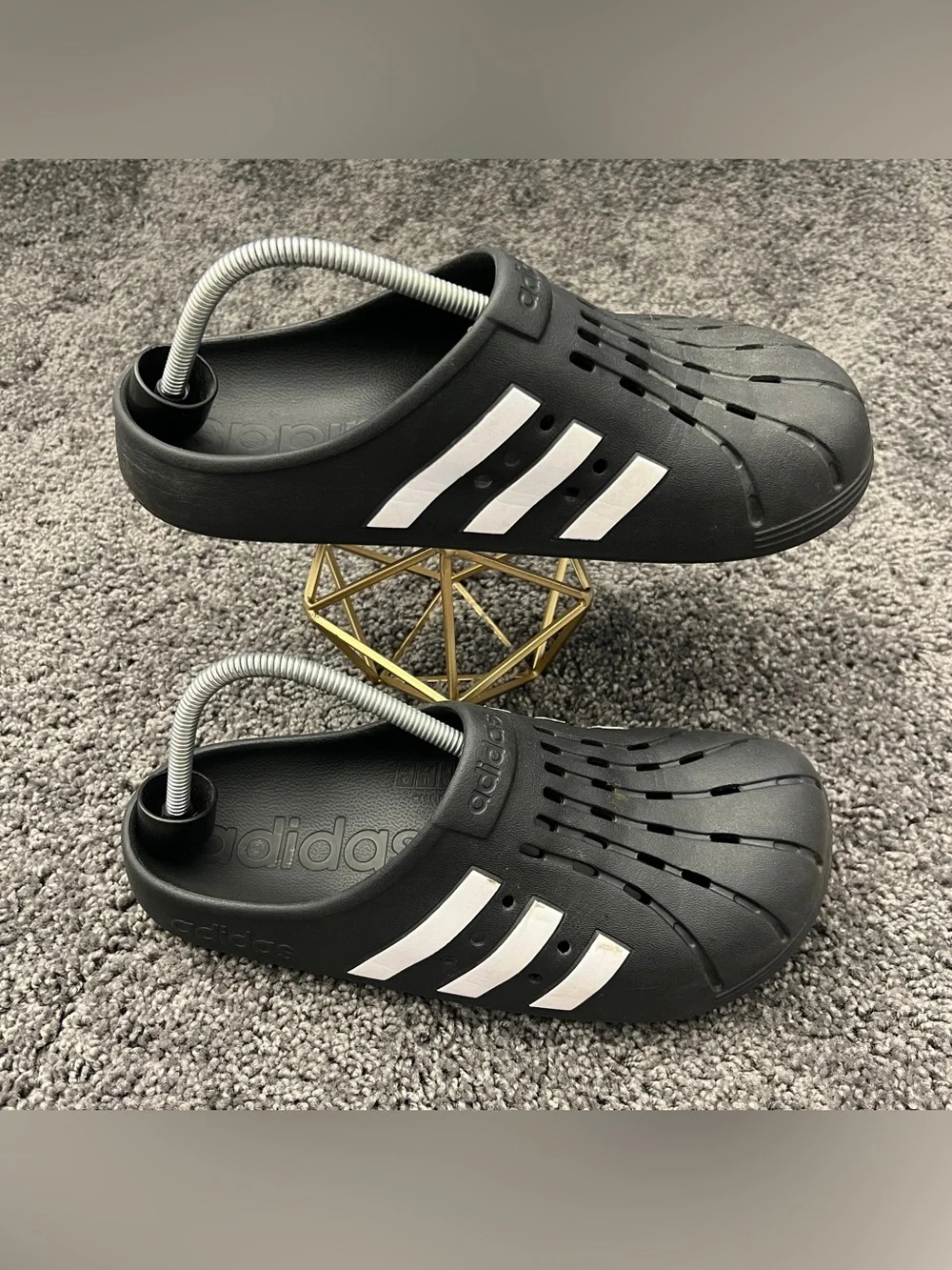 Adidas Adilette Clogs Men’s Size 10 Women’s Size 11 Black White Three Stripes